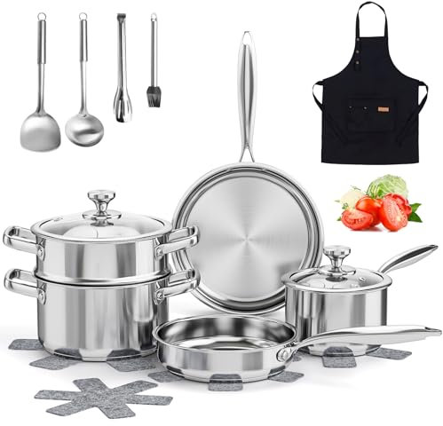 Juego de cacerolas de acero inoxidable, 16 piezas, olla y sartenes de inducción, juego de utensilios de cocina con vapor, tapas de cristal, juego de utensilios, protectores de ollas y delantal