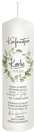 Scheinvoll® Konfirmationskerze Modern Blätterkranz personalisiert mit Namen, Datum und Spruch - Modell Green Cricle Karlie - Andenken und Deko zur Konfirmation (25 x 8 cm)
