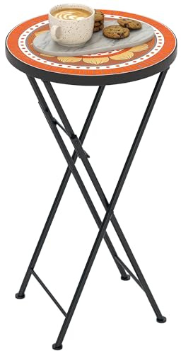 Outsunny Mosaik Outdoor Gartentisch 35,5 cm rund klappbar Couchtisch mit Metallgestell für Balkon Terrasse Orange