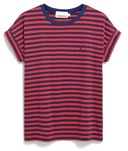 Damen T-Shirt aus Bio-Baumwolle IDAARA Stripes Loose Fit Blue Noon-Coral Blush