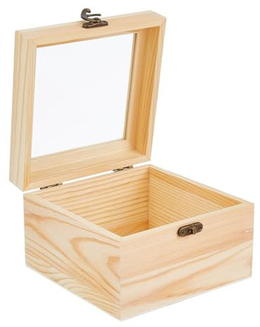 DICOSMETIC Wooden Box with Glass Lid Unfinished Wood Gift Box 5.9x5.9x3.94 Inch Wooden Square Storage Boxes with Lock PapayaWhip Keepsake Boxes for Jewelry Storage Gift Packaging Home Decoration