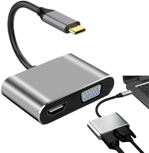 Genérico USB C to DVI VGA Adapter, Type C Multiport Hub, Silver Portable 4 in 1 Design, HDTV Display Converter for Home Theater, Bedroom, Workplace and Travel Use