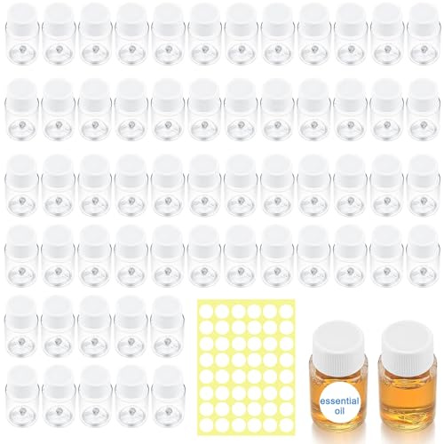CafullCon Lot de 60 petites bouteilles en plastique de 20 ml - Bouteilles de voyage portables à remplir - Transparent - Avec couvercle - Récipient à échantillons avec 2 feuilles d'étiquettes pour