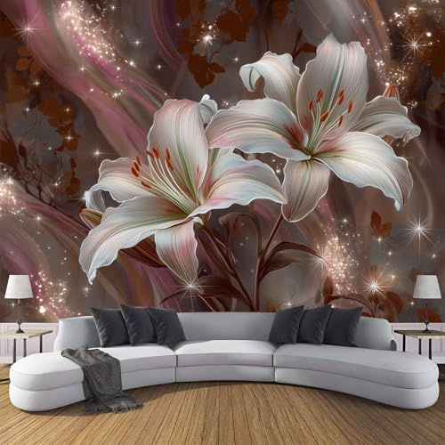 3D Fototapete mit Luxus Blumen Muster, Glitzer Lilie Wandbild für Wohnzimmer, Schlafzimmer, TV, Hintergrunddekoration, Silber Pink Wandgemälde Wanddekoration, ‎150x105cm (B×H)