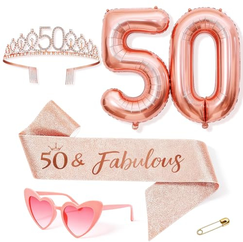 Anruzon Deko 50 Geburtstag Frau, 50 Geburtstag Krone und Schärpe, Rosa herzförmige Brille, Luftballons Rosegold, Geburtstagsgeschenk für 50 Jahre Frau, Geburtstagsparty Deko Supplies