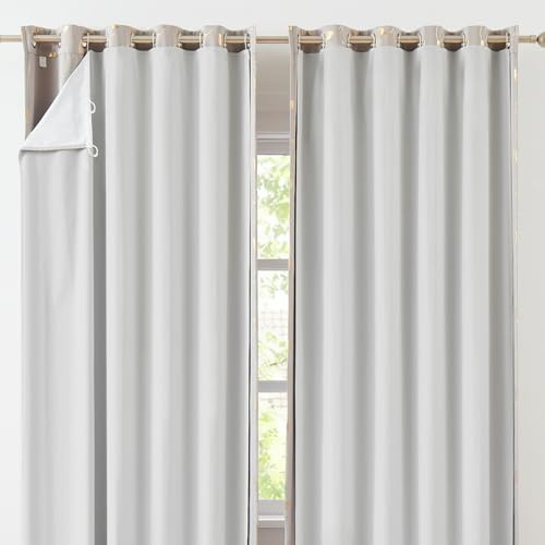 Bujasso Full Blackout Light Gray White Curtain Lining 66W x 70L 2 Panels | Full Blackout Liner with Free Hooks, Multiple Sizes Fit Various Curtains, Noise Reducing Thermal Insulated for Home
