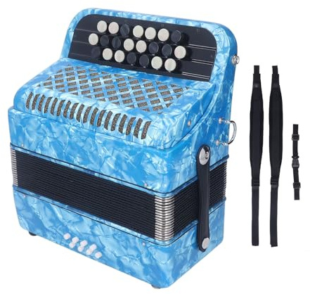 PolyGen Akkordeon-Musikinstrument mit rutschfesten Tasten für Spieler und Interpreten, liefert satte Töne, 22 Tasten, 8 Bässe, mit Tragetasche (Sky Blue)