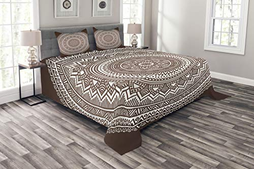 ABAKUHAUS Ethnisch Tagesdecke Set, Detaillierte Runde Blume, Set mit Kissenbezügen Waschbar, für Doppelbetten 264 x 220 cm, Dunkelbraun Weiß