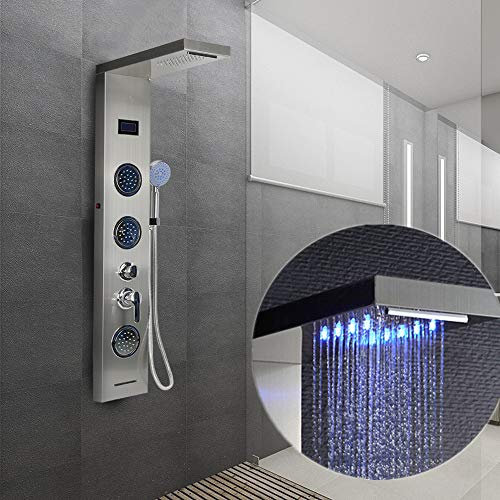 colonne de douche, colonne douche hydromassage, LED bleue + écran LCD + modes multiples (cascade, massage) + douchette, 20 * 6,5 * 125cm