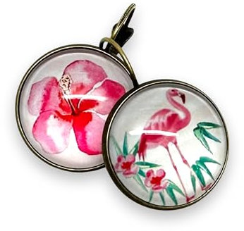 boucles d'oreilles bronze, cabochon en verre, parure le flamant rose, vert, rose, blanc (ref.6).