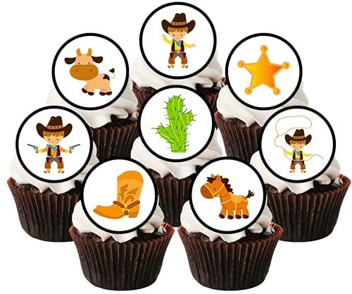 Cowboy Edible Cupcake Toppers – Western-Themed Decorations for Wild West Parties & Rodeo Events – 24 x 4cm/1.5 Inch UNCUT
