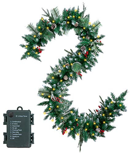 JOYIN Weihnachtsgirlande, beflockt, inklusive 50 Lichter, Tannenzapfen, rote Beeren, für Winter und Weihnachten, Feiertagsdekoration, 2,7 m