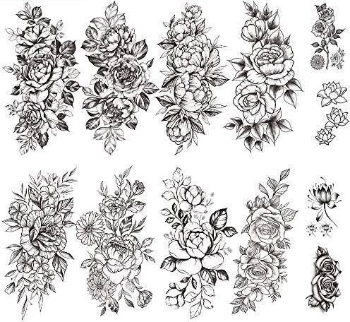 Yesallwas 12 Sheets Black Flower Tattoo Sleeves - Temporary Water Transfer Stickers With Peony Rose Designs - Sexy Arm Body Art for Girls (A)