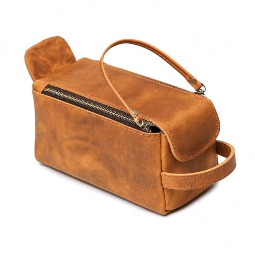 The Tannery Vintage Crazy Horse Cuir Pleine Fleur Trousse de Toilette Dopp Trousse de Voyage Maquillage Trousse de Toilette Grande Trousse de Toilette en Cuir pour Unisexe, Jaune Marron
