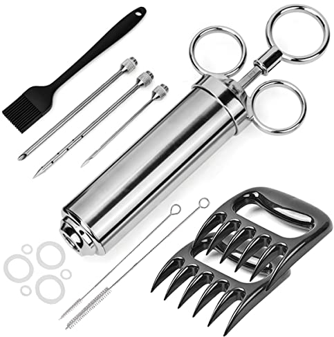 ZITFRI Pulled Pork Set inkl. Bratenspritze Pulled Pork Krallen Marinierpinsel Edelstahl Fleischspritze 60ml Marinadenspritze mit 3 Nadeln Pinsel Fleischkrallen Gewürzspritze für BBQ Grill Fleisch Rind