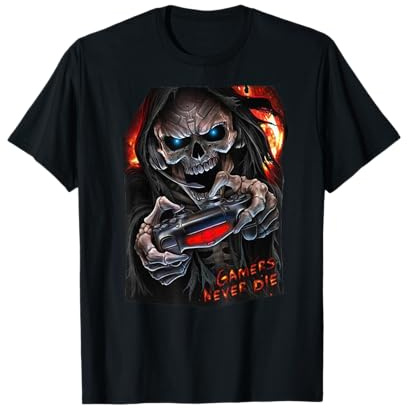 Gamers Never Die - Skeleton on Joystick Cool Gaming Fan Tee T-Shirt