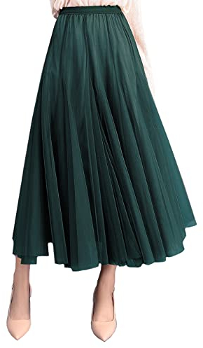 FEOYA Women Long Chiffon Skirts Plain Elasticated High Waist Skirt Dress Dark Green