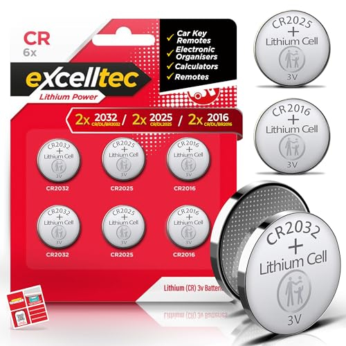 Excelltec 6pk Lithium Power Coin Battery, Assorted CR2032, CR2025, CR2016 Flat Batteries, Long-Lasting and Reliable for Car Keys, Scales, Watches, Remote Controls, and Small Electronics