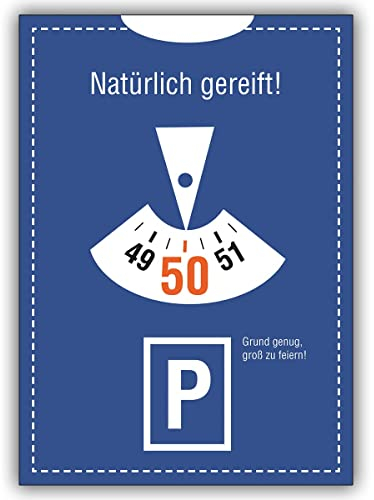 4 Geburtstagskarten: Einladungskarte zum 50. Geburtstag im Parkuhr Look: Natürlich gereift!. • im Set mit Umschlägen um Freunde und Familie einzuladen