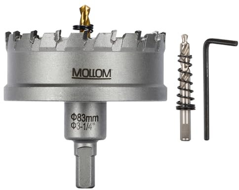 Mollom (83mm | 3-1/4) Scie cloche en carbure pour usage intensif avec 2 forets pilotes, coupe l'acier inoxydable, l'acier doux, le fer, le cuivre, le laiton et le plastique