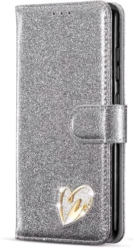 MHtech Case For Apple iPhone 13, Phone Case Shiny Leather Bling Glitter Book Flip Stand Card Wallet Protective Cover For iPhone 13 Phone (Silver)