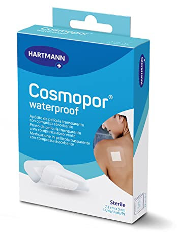 Cosmopor Waterproof: para el cuidado estéril e impermeable de lesiones y heridas. También para heridas quirúrgicas. Alta tolerancia cutánea y fijación segura; 7,2x5cm; 5 unidades