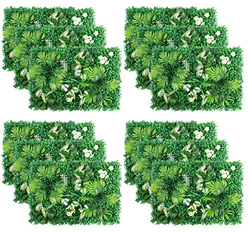 12Pcs Artificial Grass Wall Panels 24×16 inch Trellis with Artificial Leaves Ivy Fence Screening Leaves with Wall Grid Boxwood Panel Garden Screening Backdrop Wall Panelling,Pattern#2