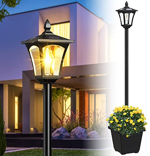 Lampada solare da 64 pollici con fioriera, 60 lumen alti, lampione solare impermeabile per giardino, sentiero, prato, vialetto, porta anteriore e posteriore, lampada da palo esterno (Warm)