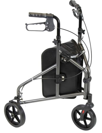 NRS 3 Wheel Aluminium Ultra Lightweight 4.5kg (9.9lbs) Rollator Walking Aid with Bag & Lockable Brakes, Folding & Height Adjustable Walker, – Dark Silver