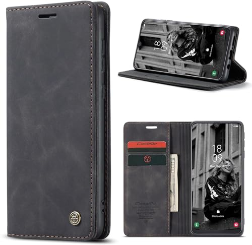 Pnakqil Handyhülle für Samsung Galaxy A10 6.2, Premium PU Leder Klappbar Flip Hülle Tasche Magnet Kartenfach Standfunktion Schutzhülle, Cover Stoßfeste Klapphülle für Samsung A10, Schwarz