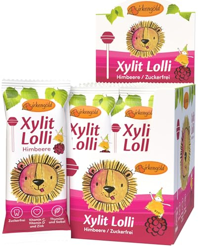 Birkengold Xylit Lolli zuckerfrei | 20 x 6g einzeln verpackt | vegan | zuckerfreier Dauerlutscher | Multivitamin Zahnpflege Lolli | Frucht Lolli Himbeere
