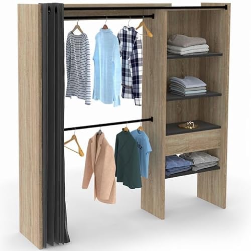 IDMarket - Ausziehbarer Kleiderschrank Marty 120/170 x 50 x 180 cm Buche mit Regalen + Doppelschrank + schwarzer Vorhang