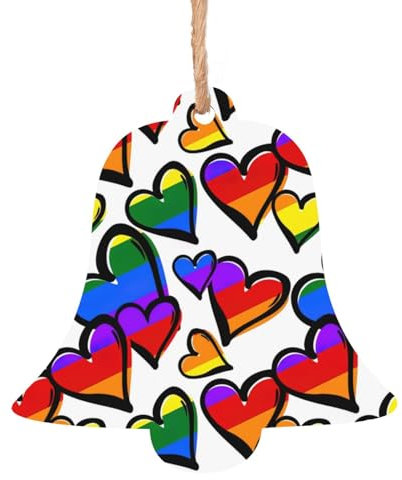 6 Stück Holz-Weihnachtsschmuck mit Löchern, Weihnachtsbasteln, Holzornamente zum Bemalen, Hängedekoration, Regenbogenfarben, Gay Pride Herzen Druck