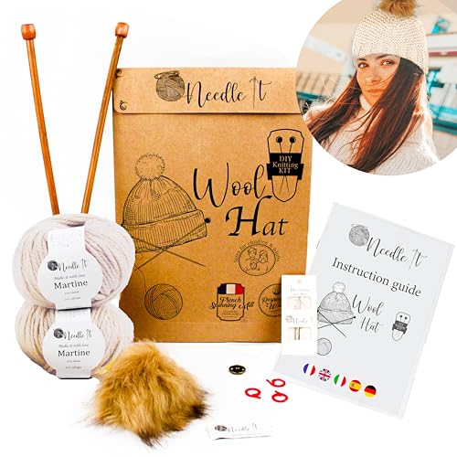Needle It® Strickset Mütze komplett ecru - Wollmütze zum Selberstricken für Kinder und Erwachsene - Komplettset mit Nadel, Knäuel und Anleitung - Französische Wolle