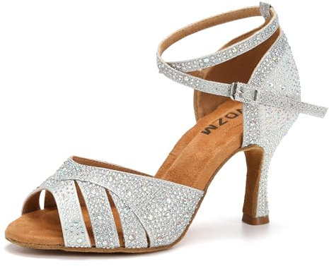 SWDZM Scarpe da Ballo Latino Donna Strass Salsa Bachata Prestazioni Professionale,Zilver,Hakhoogte 5cm,Suède zool,EU 42