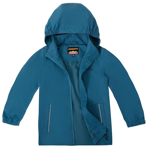 SMONTY Veste Imperméable pour Enfant Résistant au Vent Softshell à Capuche Veste Extérieure Respirante pour La Randonnée, Le Vélo et La Course à Pied(Bleu, 11-12 ans)