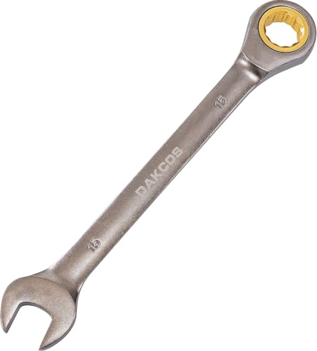 DAKCOS Kombi-Ratschenschlüssel 15mm Metrischer Ratschenringmaulschlüssel mit mattierter Chromoberfläche aus CR-V