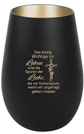 Der-Porzellan-Laden Windlicht mit Gravur Das einzig Wichtige im Leben, Schwarz Gold, Teelichthalter aus Glas mit Spruch, Tischdeko modern