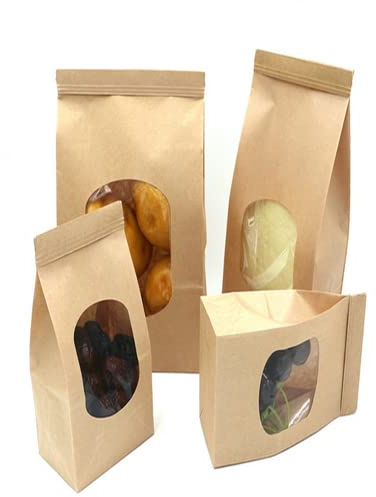 DongAi 9X6X17CM Kraft Paper Bags with Window, 50 PCS, Brown, Disposable, Single Layer Paper, Twist Tie, Resealable (with Wire Pull Tab), For Biscuits, Coffee, Bread, Snack Bags
