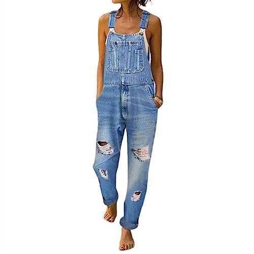 Sawmew Salopette Donna Jeans, Salopette Senza Maniche Tuta da Donna con Tasche Donna Pantaloni Salopette Jeans Strappati Tuta Casual Elegante Moda Ufficio Taglie Forti(Color:Light blue,Size:XL)
