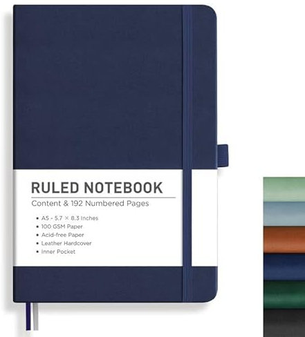 RETTACY Notizbuch Liniert A5, Journal Tagebuch mit 192 nummerierten Seiten,100gsm Notizbücher, Innentasche, Hardcover Buch für Büro Schule Arbeit Frauen Männer, 14.8 x 21cm - Blau