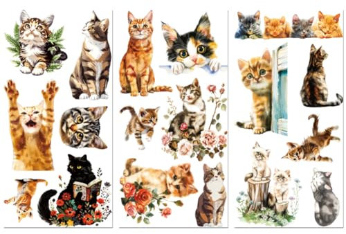 Peacoblue Rub on Transfer Decals for Furniture Crafts 6x12, 3Pcs Cute Cats Waterproof UV DTF Transfer Decals Sticker for Dresser Lingerie Chests Drawer Glass Porcelain Wood