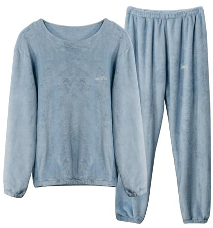 LACOFIA Pigiami Due Pezzi da Donna Pigiama Set Invernale di Caldo Pile a Maniche Lunghe Abbigliamento da Notte Adulto Pigiama di Coppia Blu Chiaro L