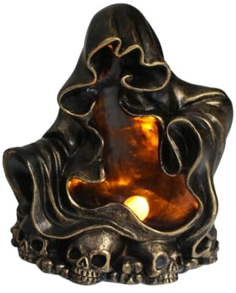 Asudaro Halloween-Totenkopf-Lampe aus Kunstharz Statue Schreibtisch-Ornament Zauberer-Umhang-Skulptur mit LED-Licht für die Dekoration zu Hause oder im Büro