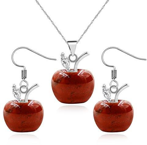JunyiDIY Roter Apfel Anhänger Halskette und Ohrring Set für Frauen | Natürlicher Roter Stein Apfel Anhänger Erntedankfest Geschenk für Ehefrau Mama YA4030