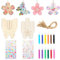 Soleeya 74 Stück Schmetterling Bastelset, 15 Schmetterling Holz + 15 Blume Holz + 12 Bunte Stifte + 30 Schnur + 2 Bögen Schmuckaufkleber, Holz zum Bemalen für Kinder