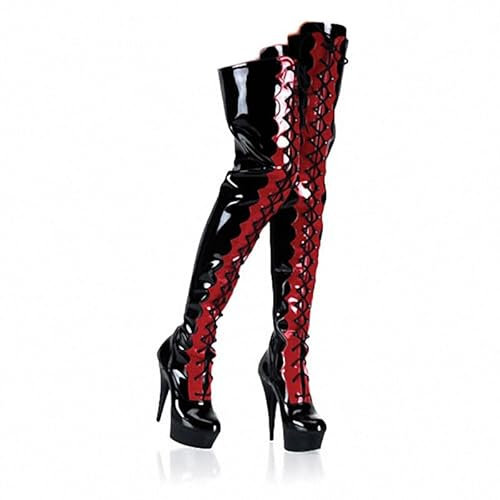 denova's Botas altas de tacón muy alto con cordones para mujer, de 15,24 cm, con cremallera, Negro-rojo, 7 US
