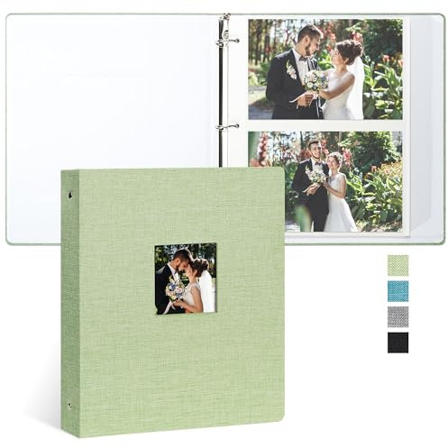 Vienrose Fotoalbum Selbstklebend, 3-Ring-Design, Leinendecke, 20 Blatt/40 Seiten, für Fotos 10x15, 13x18, 18x24 cm (Hellgrün)
