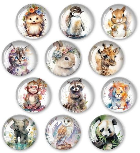 Kujinova 3D Glass Fridge Magnets, 12 Pieces Round Decorative Magnets 30 mm, Animal Pattern Design for Refrigerators, Offices, Homes, Whiteboards