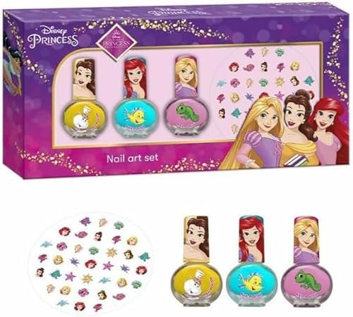 Disney Princess Nail Art Set for Girls – 3 Water-Based Polishes (Pink, Yellow, Turquoise) & Princess Nail Stickers – Non-Toxic, Washable & Fun Nail Kit for Kids Ages 3+ – Best Gift for Girls